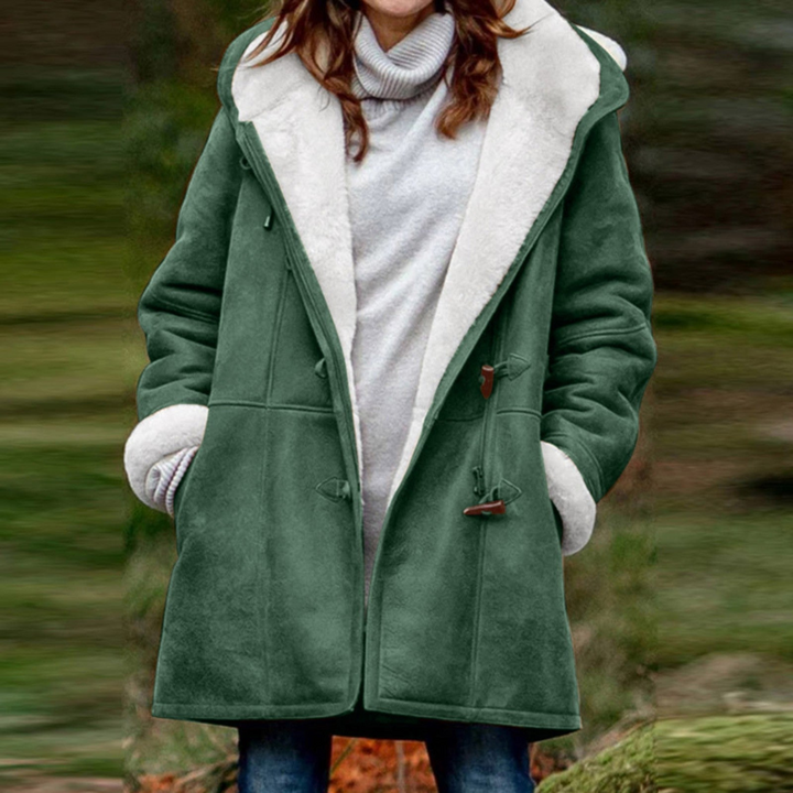 Liliane | Duffle coat élégant court vert d'hiver à capuche pour femme