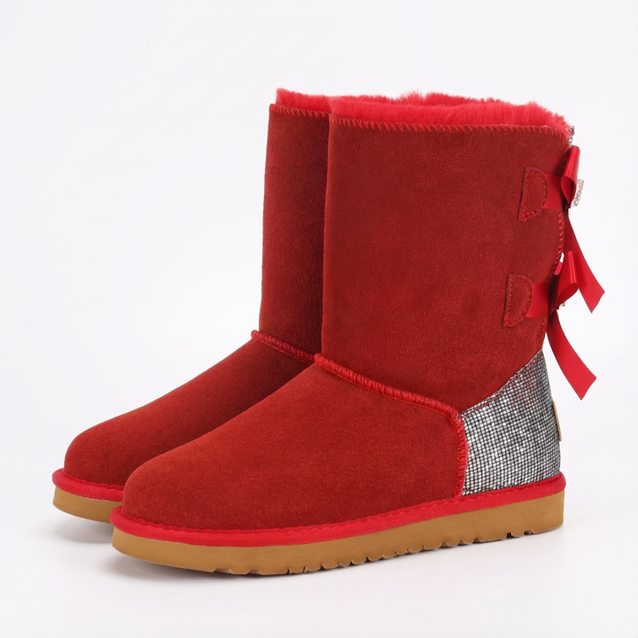 Aurore | Bottes chic en daim à nœuds pailletés et bordure en mouton pour femme
