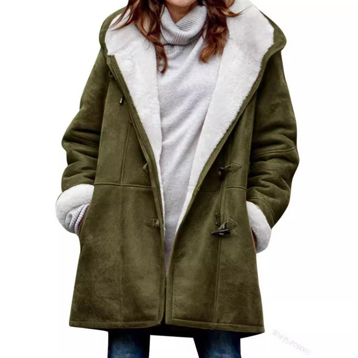 Liliane | Duffle coat élégant court vert d'hiver à capuche pour femme