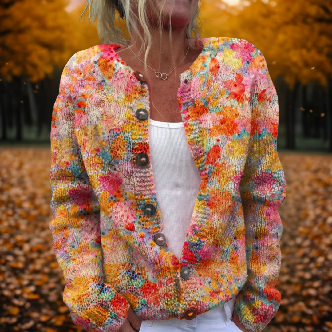 Cyriane | Cardigan élégant en grosse maille à imprimé floral et boutons pour femme