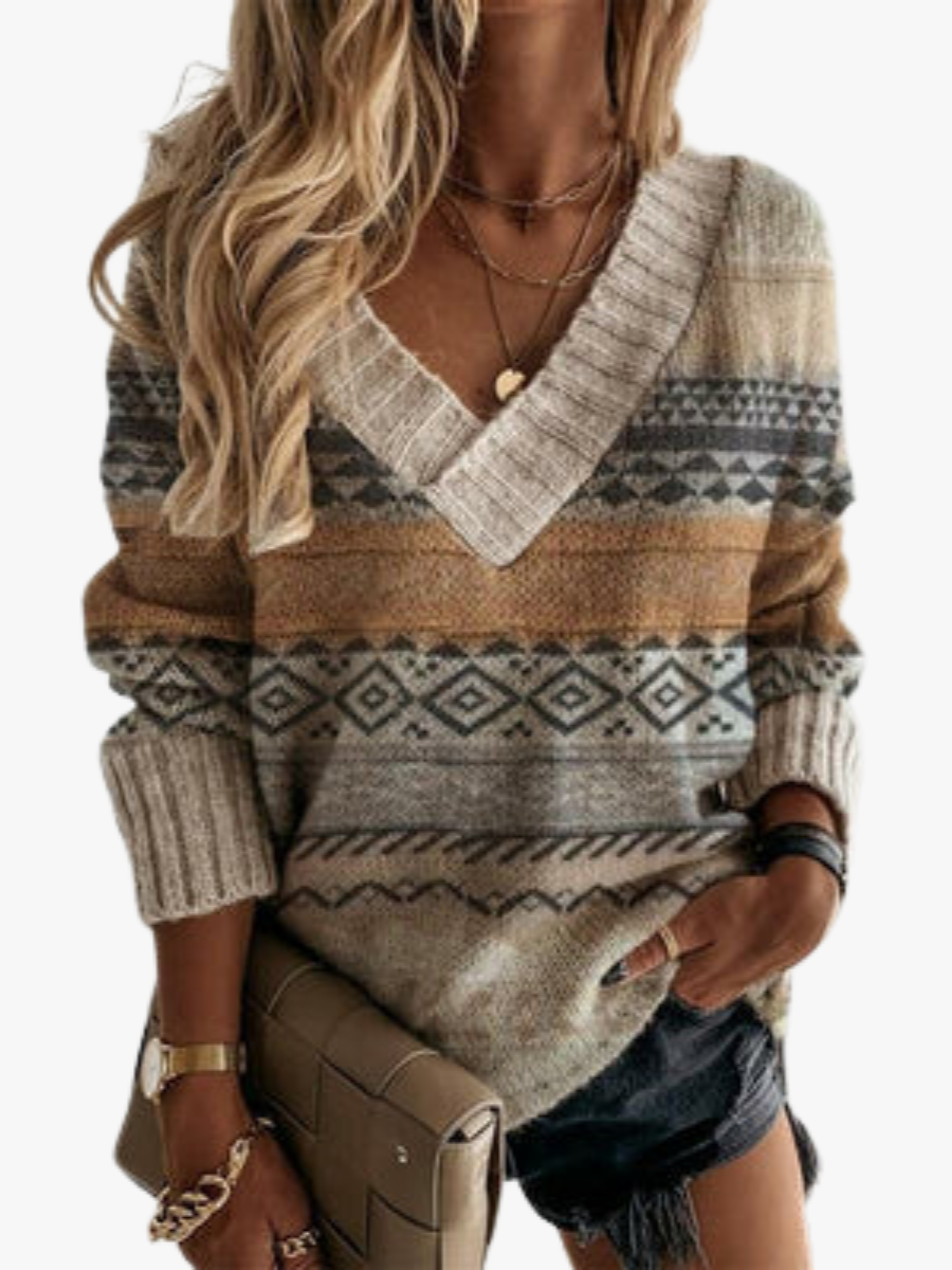 Capucine | Pull jacquard chic en maille à col V pour femme