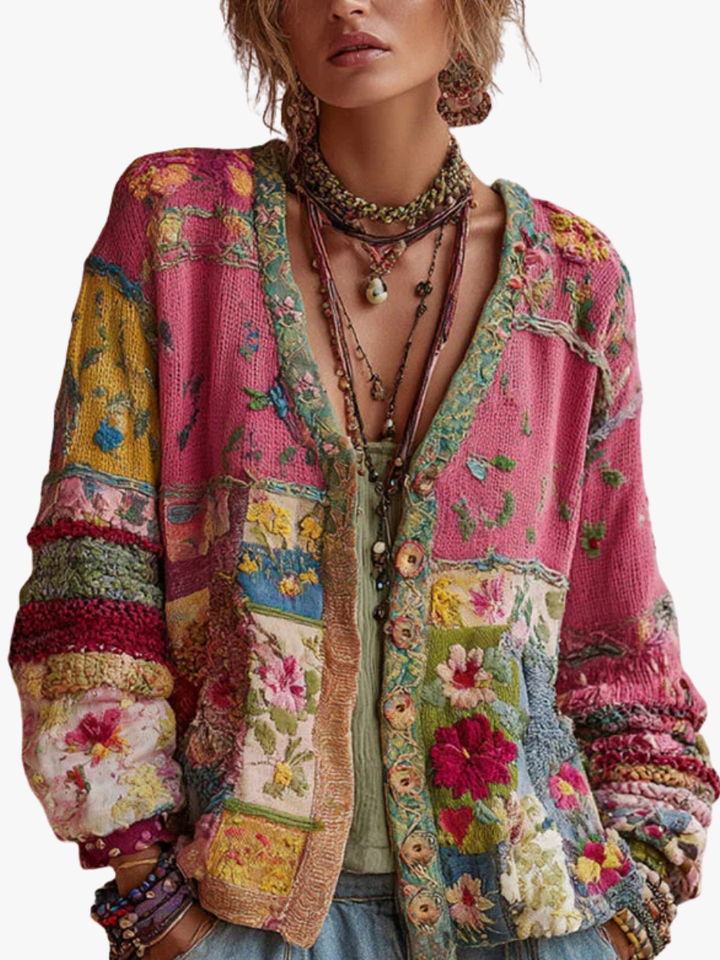 Amélie | Gilet élégant en maille patchwork à fleurs brodées pour femme