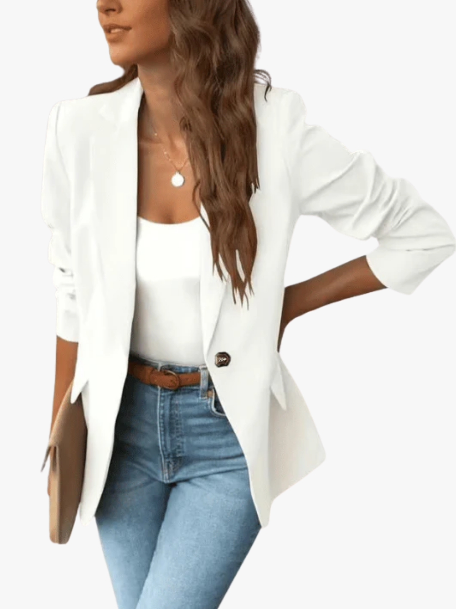 Théodora | Blazer chic blanc cassé à bouton unique et poches pour femme