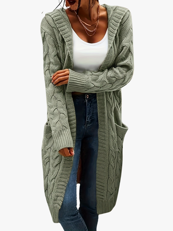 Chloé | Gilet long chic en maille torsadée à capuche pour femme