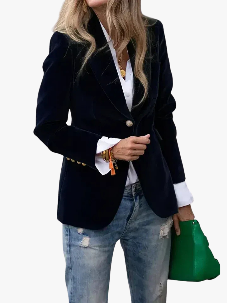 Cécile | Blazer cintré élégant en velours à bouton doré pour femme