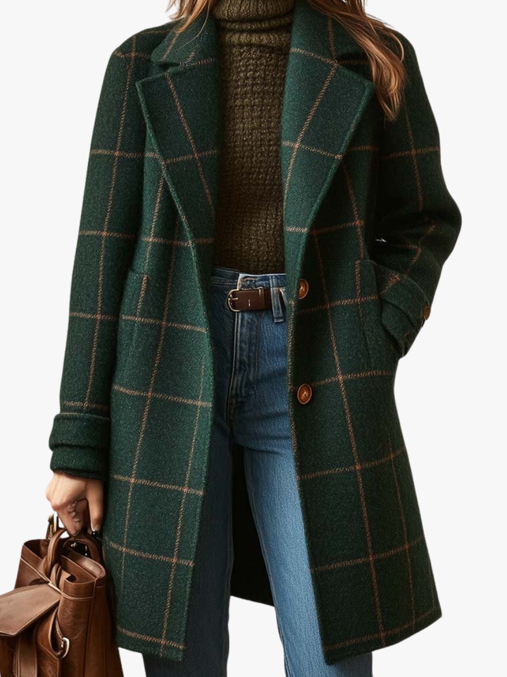 Séverine | Manteau chic à carreaux et revers cranté pour femmes