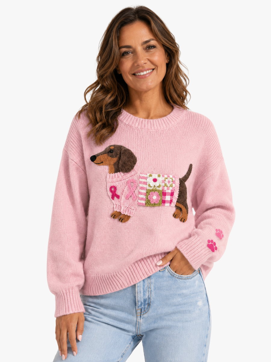 Héléna | Pull chic en maille côtelée à col rond et motif teckel pour femme