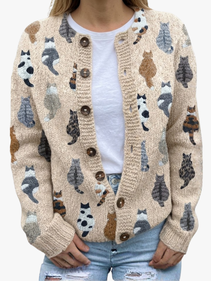 Camille | Gilet chic en maille motif chats à boutons pour femme