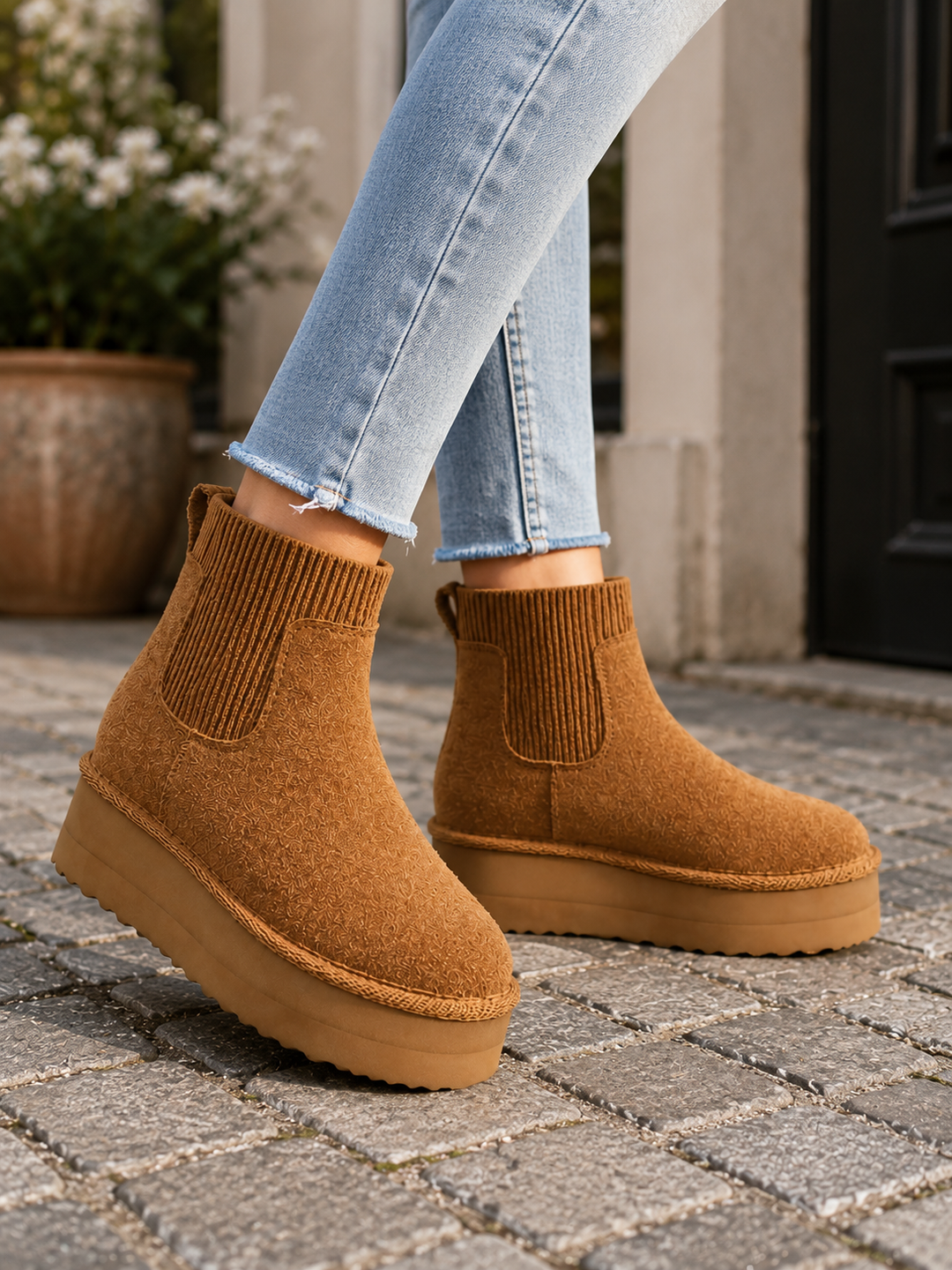 Dominique | Bottes d'hiver chic en daim à col côtelé et plateforme pour femme