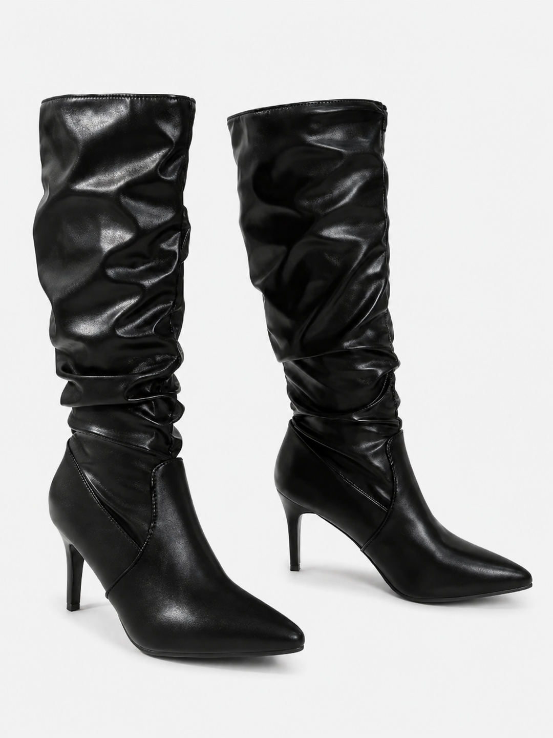 Fabienne | Bottes chic en similicuir effet drapé à talon aiguille pour femme aux mollets larges