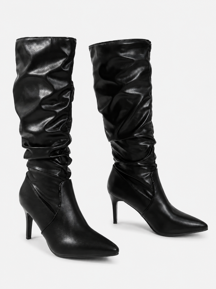 Fabienne | Bottes chic en similicuir effet drapé à talon aiguille pour femme aux mollets larges