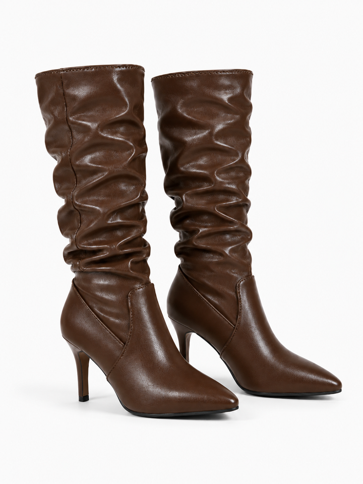 Fabienne | Bottes chic en similicuir effet drapé à talon aiguille pour femme aux mollets larges