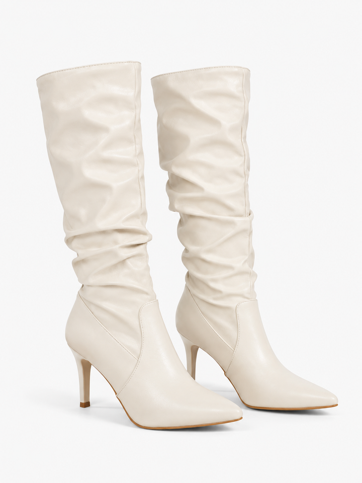 Fabienne | Bottes chic en similicuir effet drapé à talon aiguille pour femme aux mollets larges