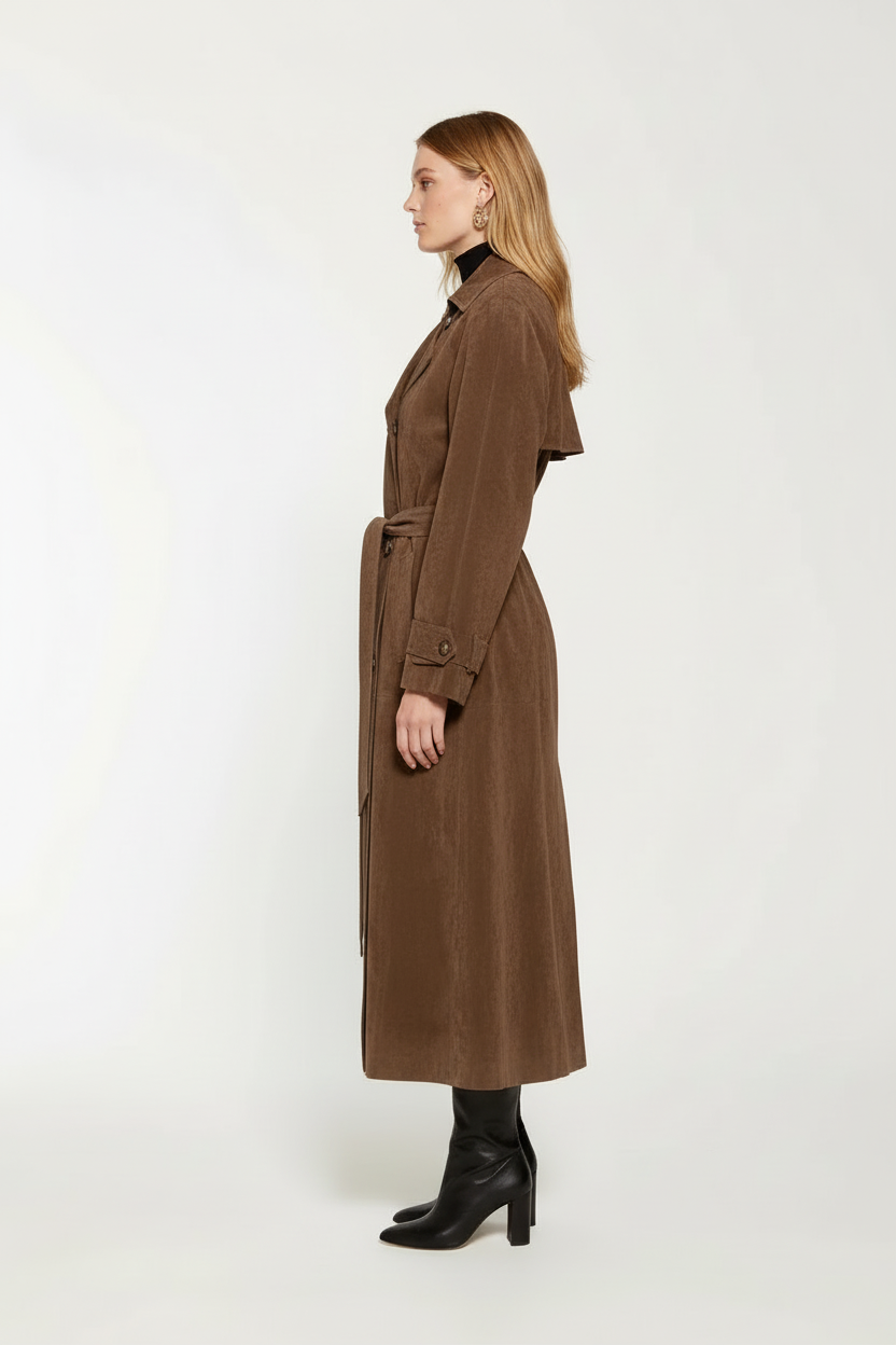 Nicole | Trench marron long et ceinturé en daim pour femme