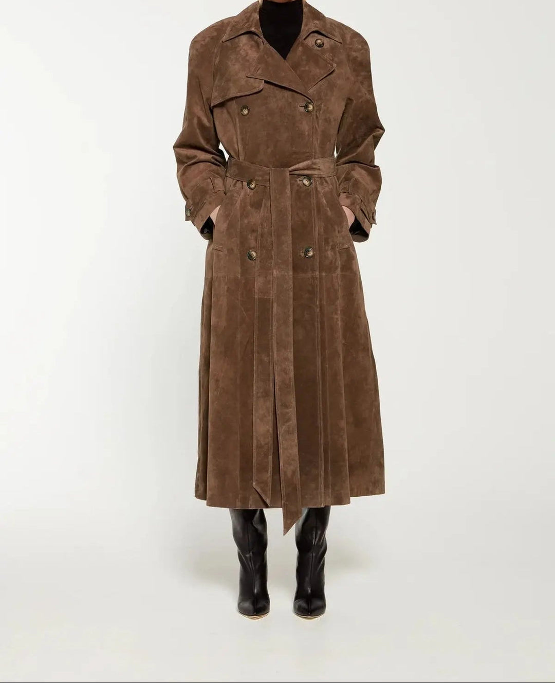 Nicole | Trench marron long et ceinturé en daim pour femme