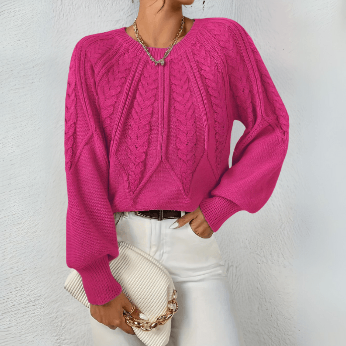 Hortense | Pull élégant torsadé en grosse maille à col rond et manches bouffantes pour femme