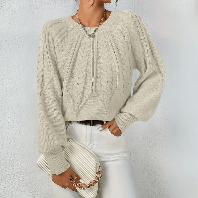 Hortense | Pull élégant torsadé en grosse maille à col rond et manches bouffantes pour femme