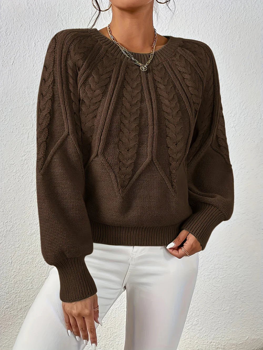 Hortense | Pull élégant torsadé en grosse maille à col rond et manches bouffantes pour femme