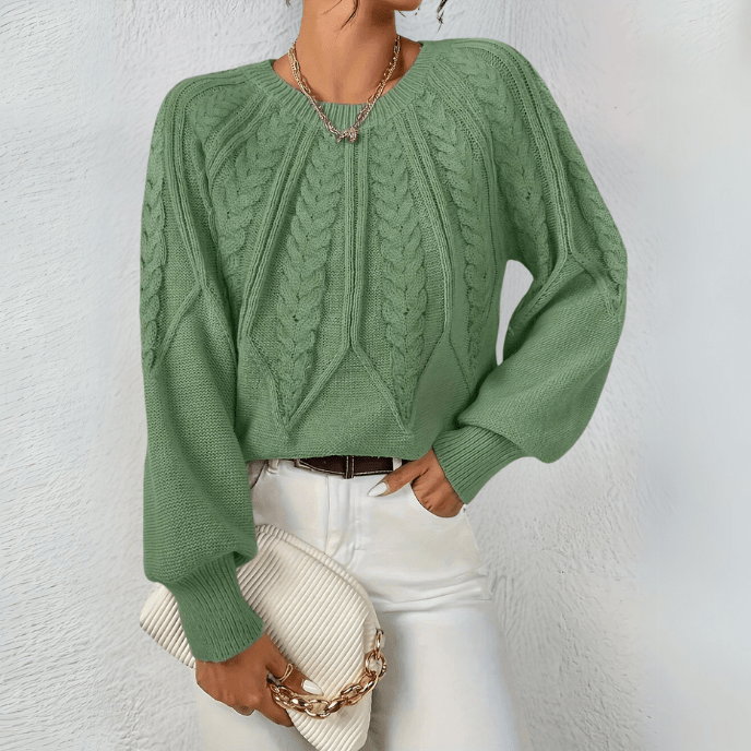 Hortense | Pull élégant torsadé en grosse maille à col rond et manches bouffantes pour femme