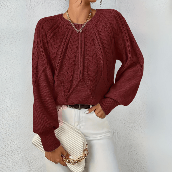Hortense | Pull élégant torsadé en grosse maille à col rond et manches bouffantes pour femme