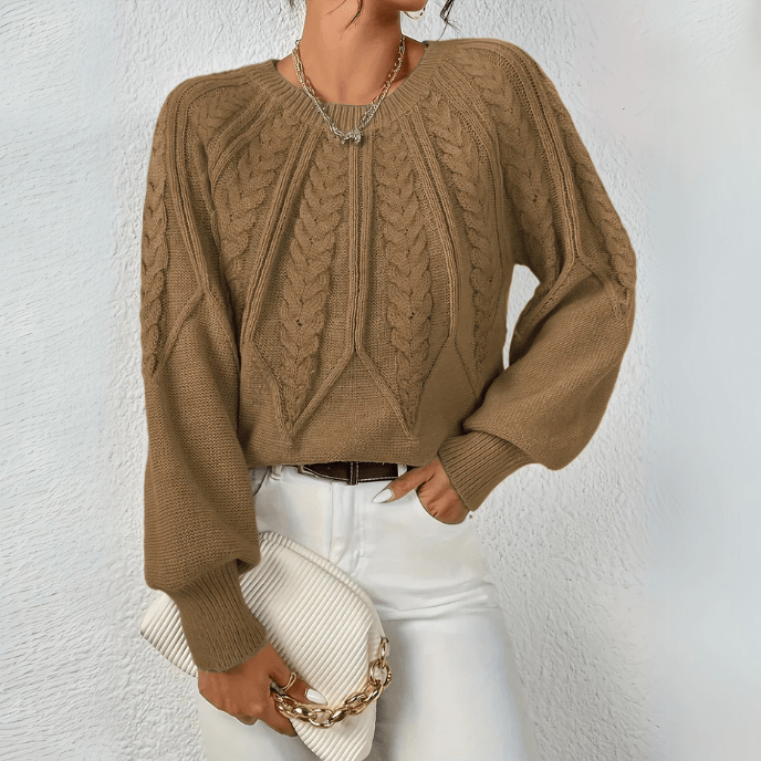 Hortense | Pull élégant torsadé en grosse maille à col rond et manches bouffantes pour femme