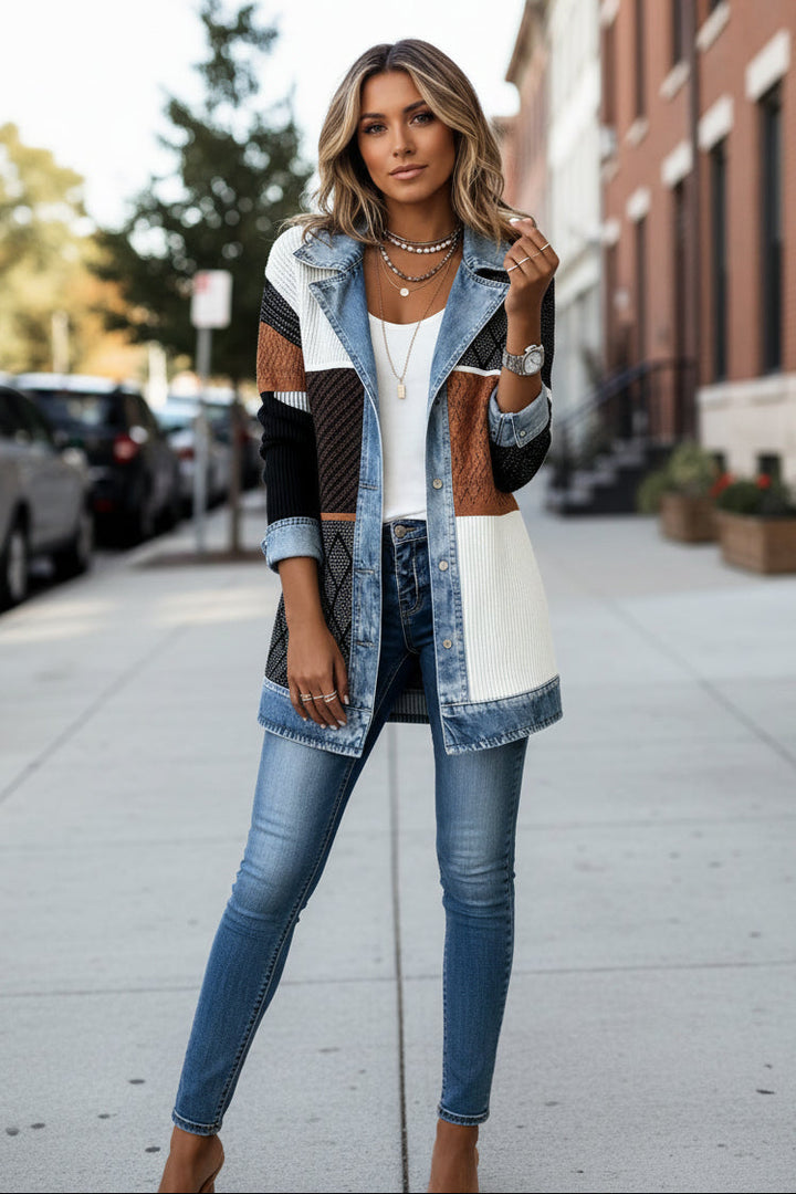 Léonie | Cardigan élégant long en maille côtelée à col en jean et boutons pour femme