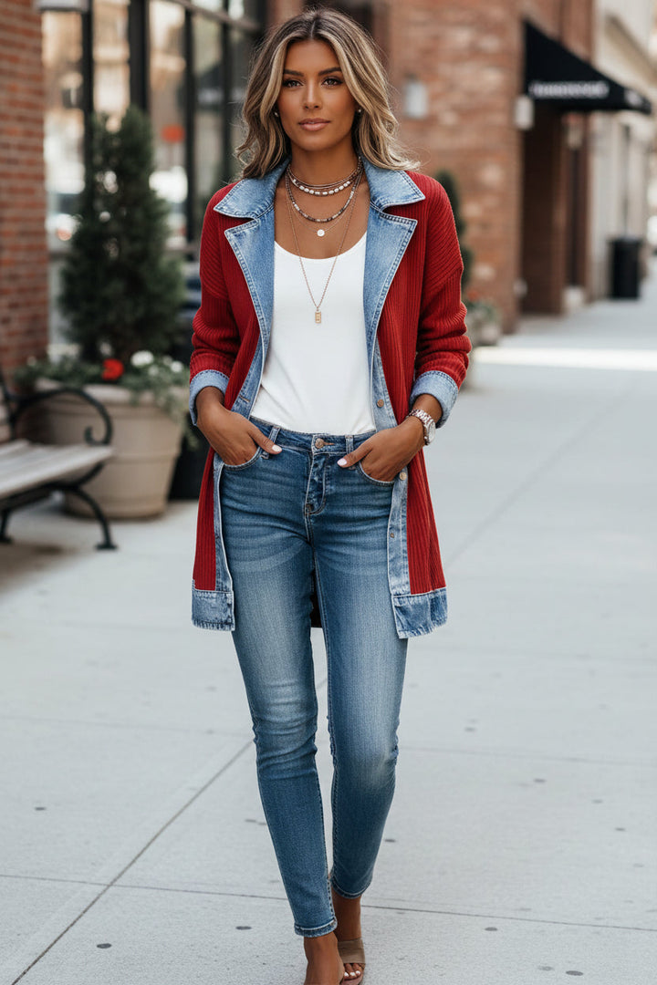 Léonie | Cardigan élégant long en maille côtelée à col en jean et boutons pour femme