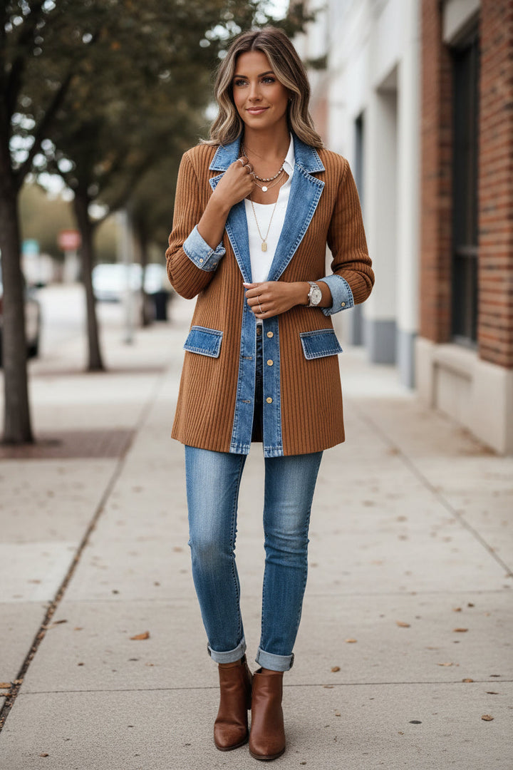 Léonie | Cardigan élégant long en maille côtelée à col en jean et boutons pour femme