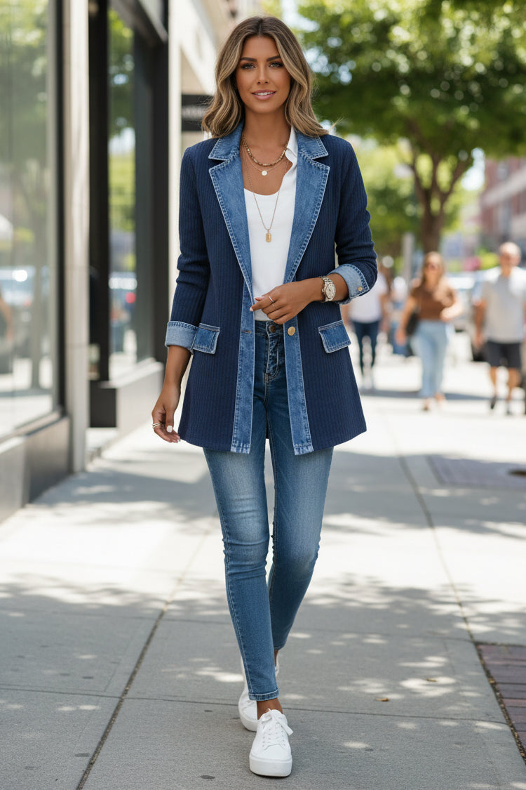 Léonie | Cardigan élégant long en maille côtelée à col en jean et boutons pour femme