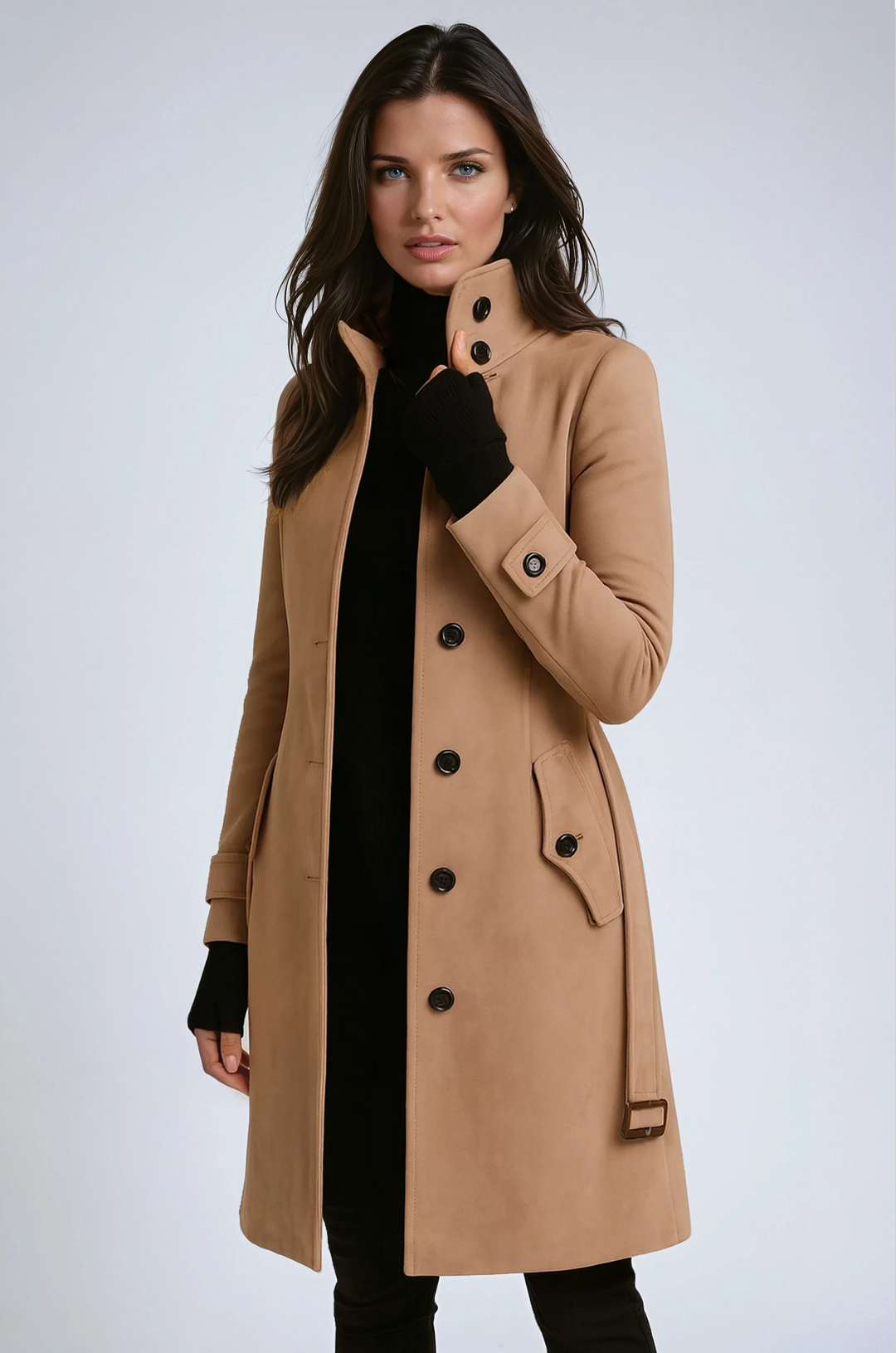 Margot | Manteau long chic camel à col montant et ceinture pour femme
