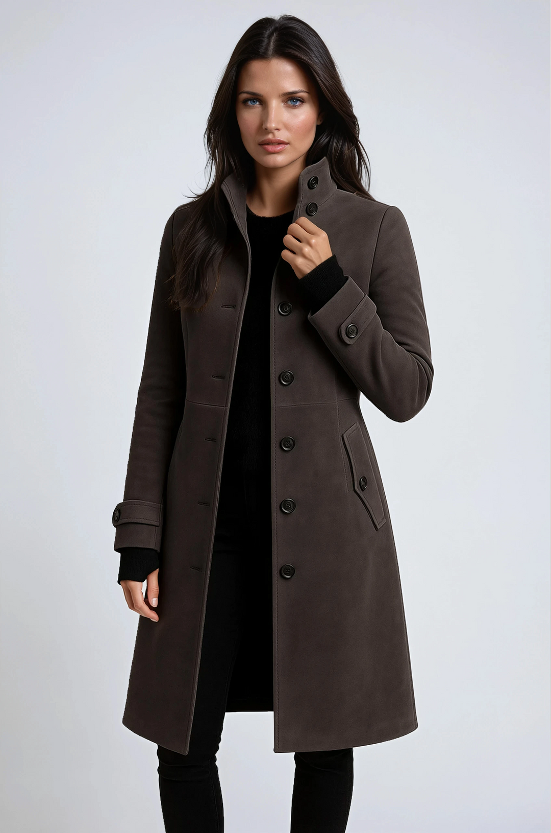 Margot | Manteau long chic camel à col montant et ceinture pour femme