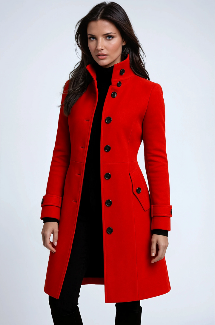 Margot | Manteau long chic camel à col montant et ceinture pour femme