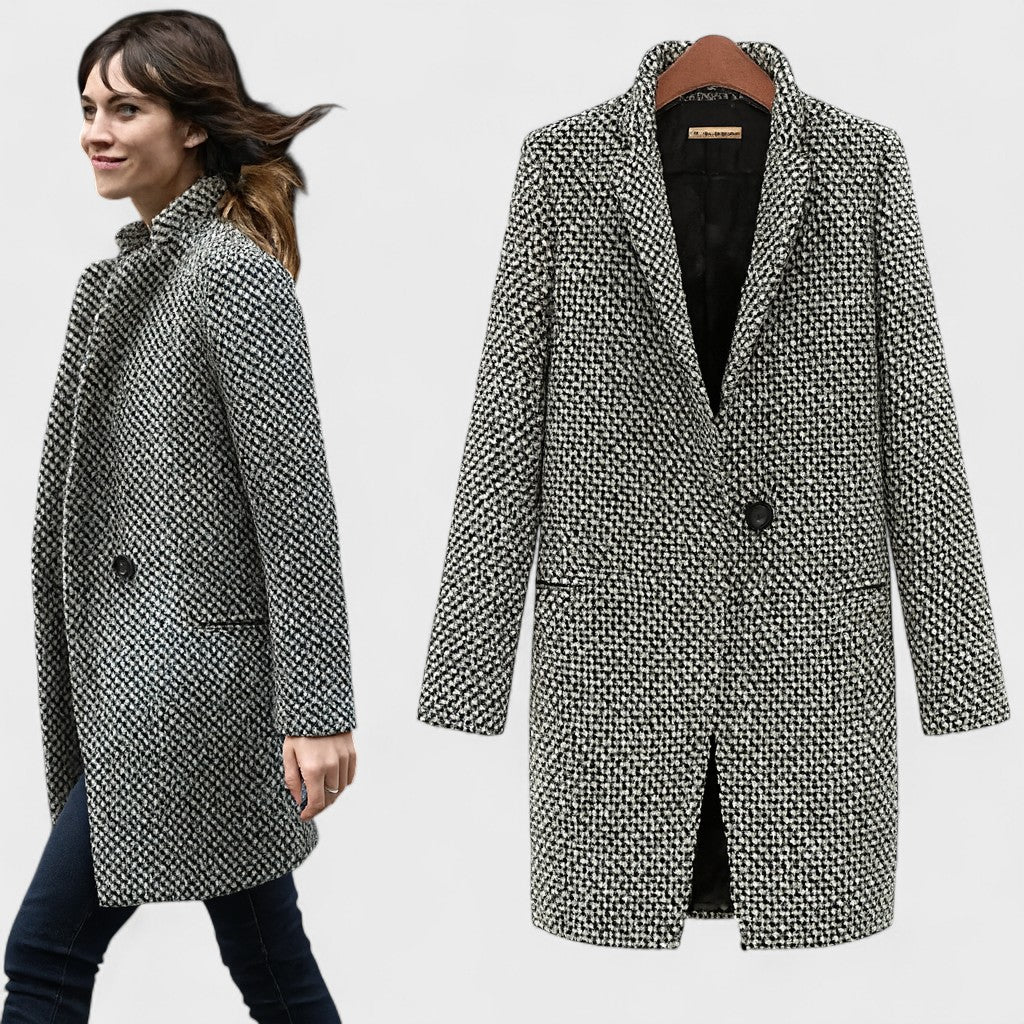 Guillemette | Manteau élégant motif pied-de-poule à double boutonnage et col à revers pour femme