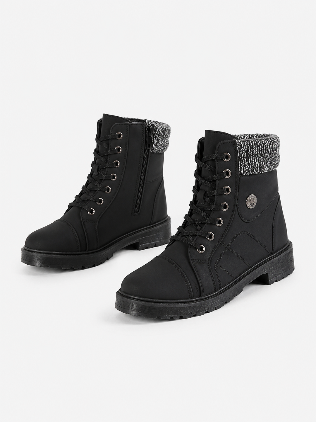 Véronique | Bottines chic à lacets style combat, col en maille et semelle crantée pour femme