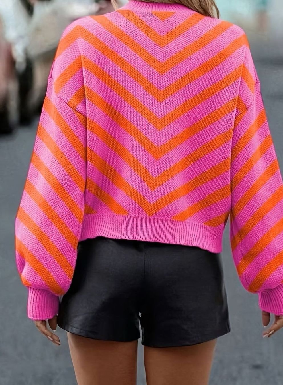 Sophia | Pull chic rayé en grosse maille à col rond et manches bouffantes pour femme