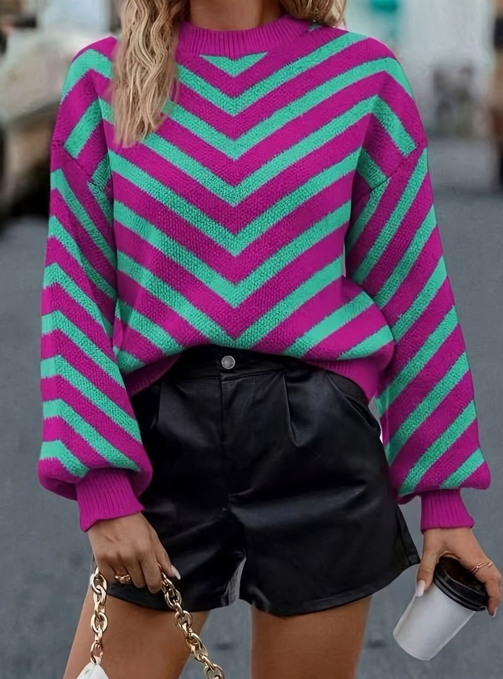 Sophia | Pull chic rayé en grosse maille à col rond et manches bouffantes pour femme
