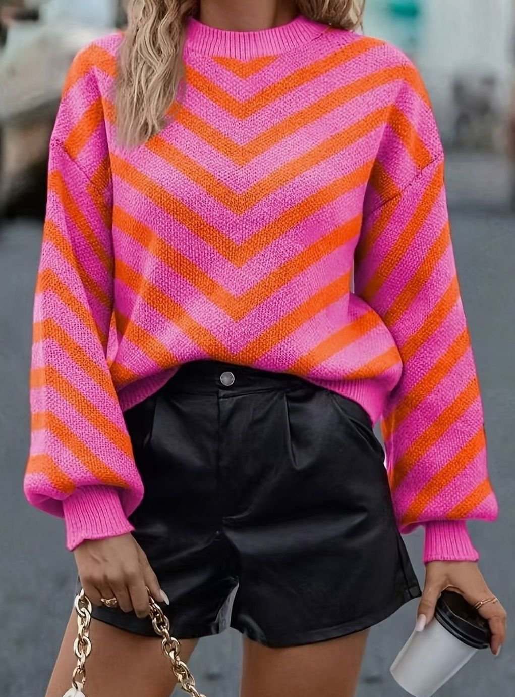 Sophia | Pull chic rayé en grosse maille à col rond et manches bouffantes pour femme