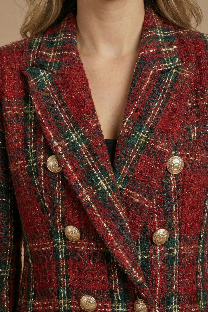 Églantine | Blazer chic croisé en tweed à carreaux pour femme