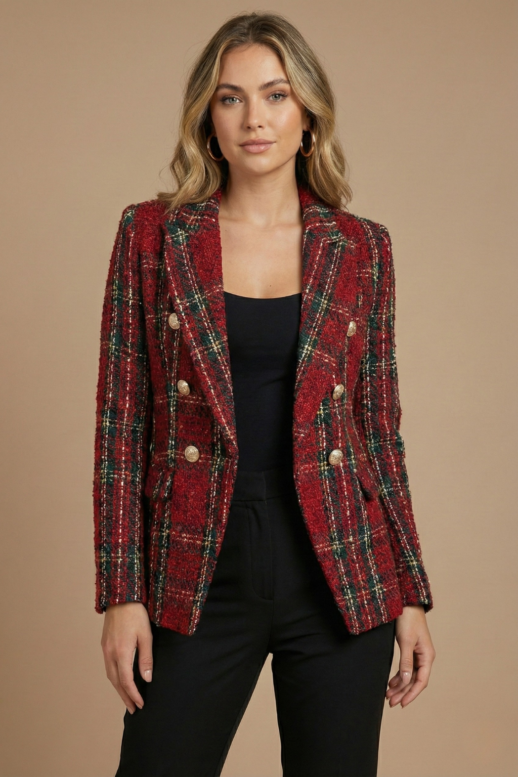 Églantine | Blazer chic croisé en tweed à carreaux pour femme
