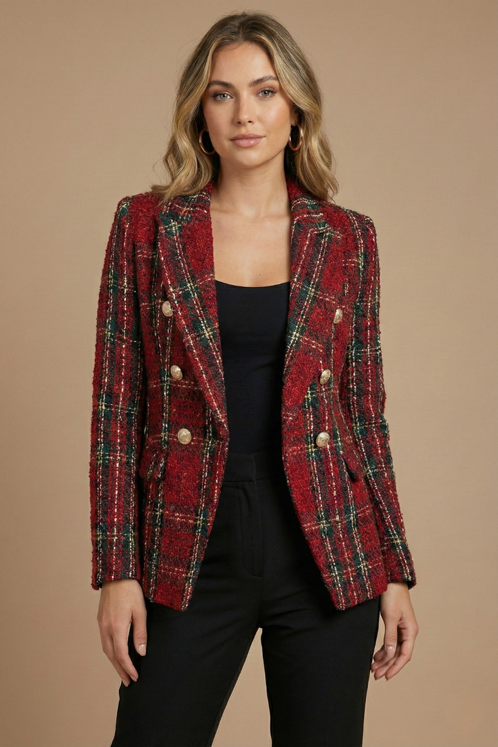 Églantine | Blazer chic croisé en tweed à carreaux pour femme