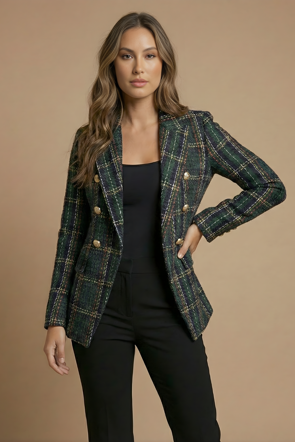 Églantine | Blazer chic croisé en tweed à carreaux pour femme