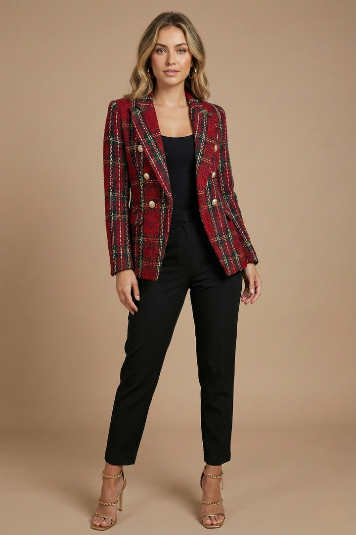 Églantine | Blazer chic croisé en tweed à carreaux pour femme