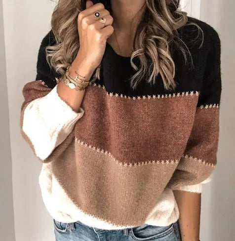 Yaëlle | Pull chic en maille à col rond et motif colorblock pour femme