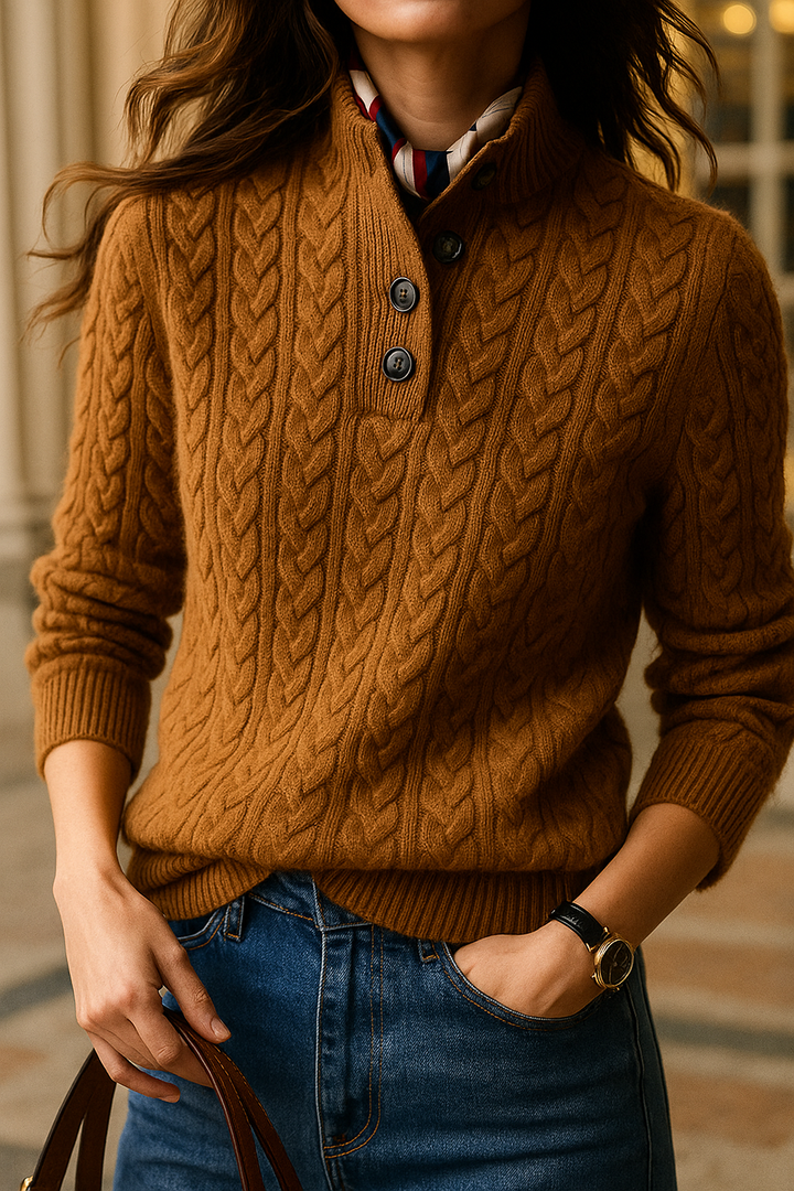 Honorée | Pull chic en cachemire torsadé à col montant et boutons pour femme