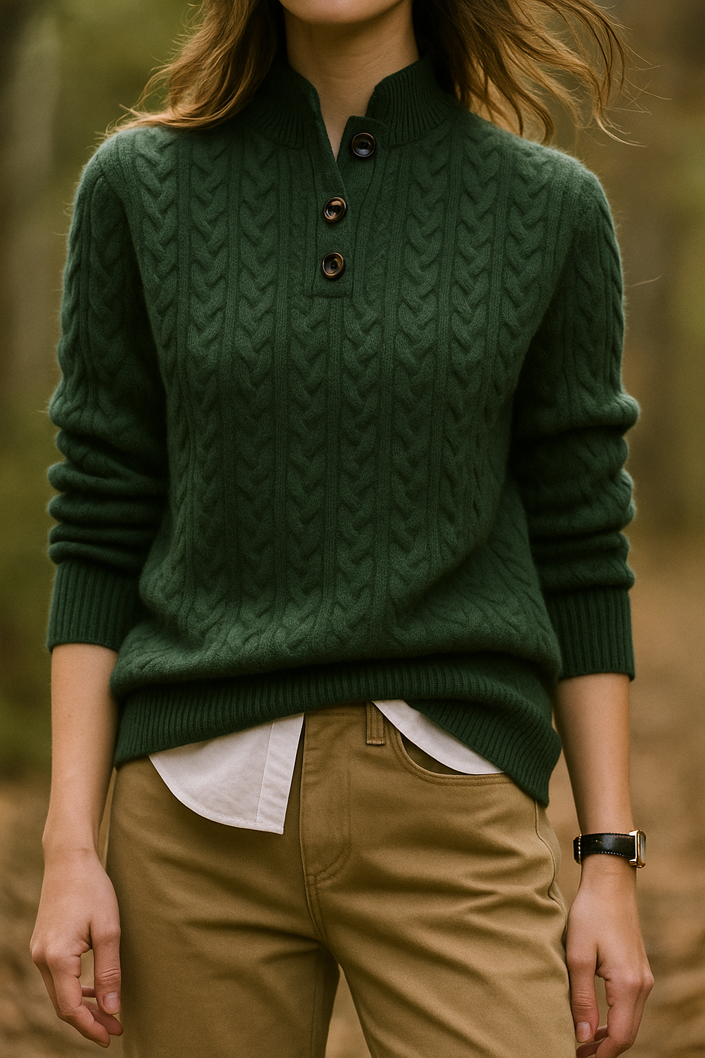 Honorée | Pull chic en cachemire torsadé à col montant et boutons pour femme