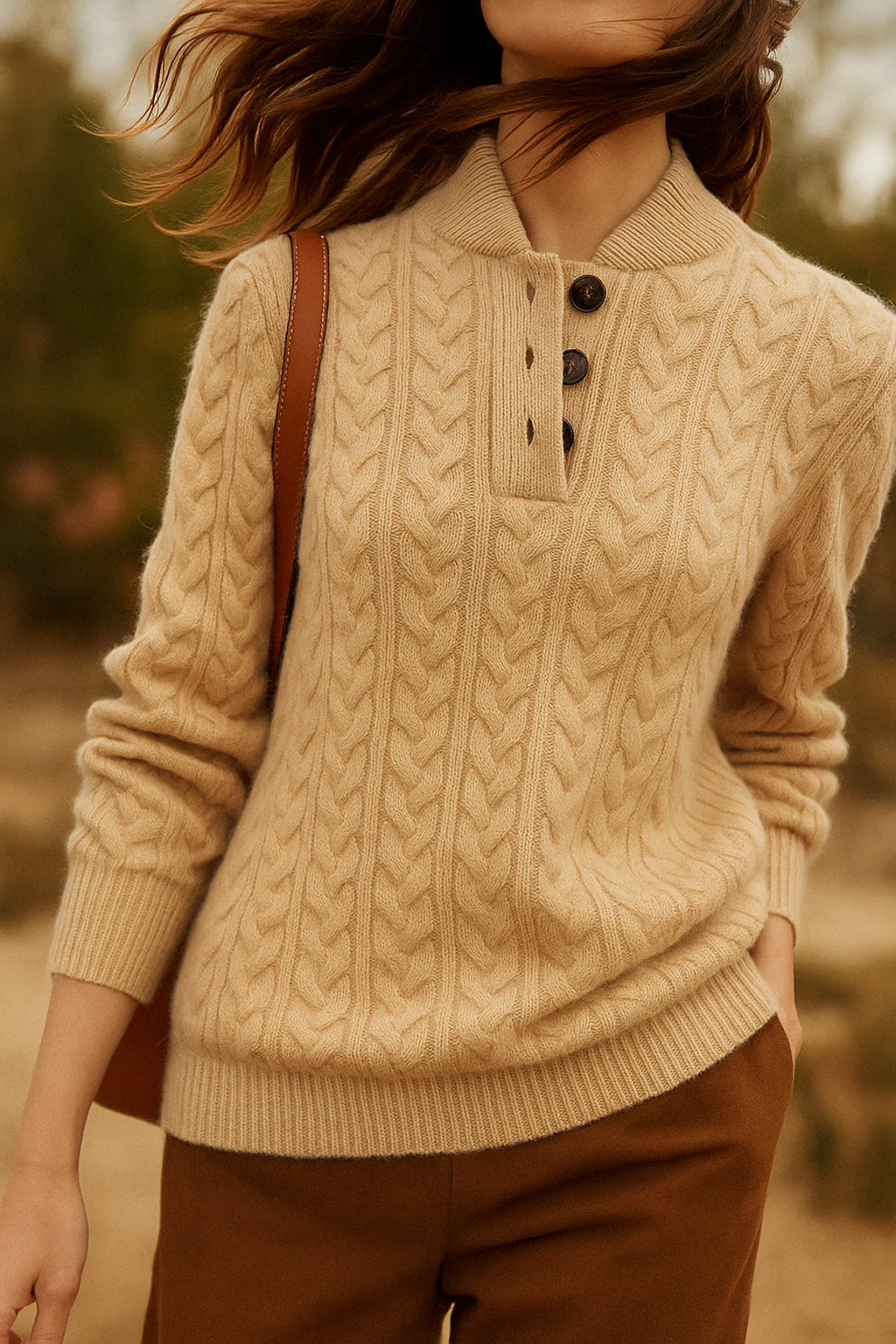 Honorée | Pull chic en cachemire torsadé à col montant et boutons pour femme