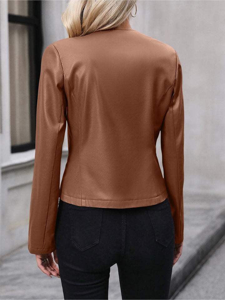 Aéla | Veste élégante courte en cuir zippée à col rond pour femme