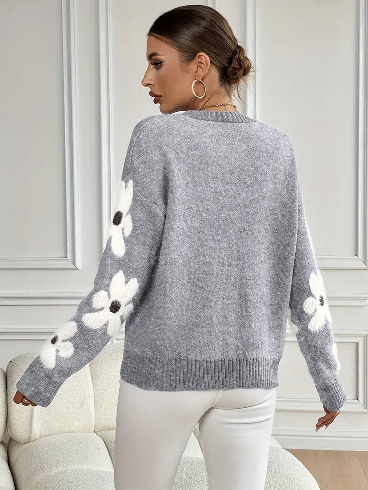 Thamar | Pull élégant oversize bleu en maille à imprimé floral et col rond pour femme