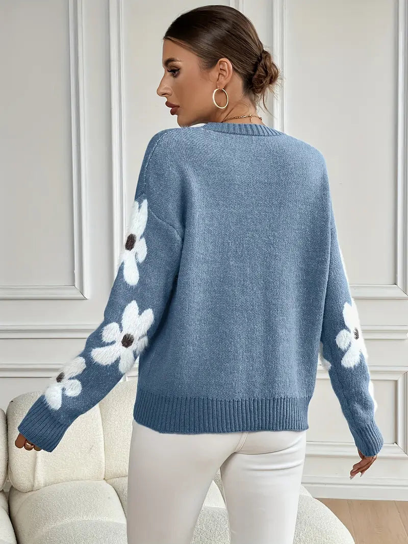 Thamar | Pull élégant oversize bleu en maille à imprimé floral et col rond pour femme