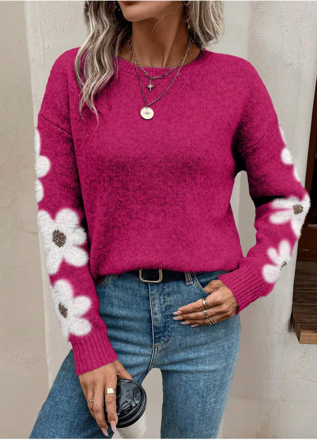 Thamar | Pull élégant oversize bleu en maille à imprimé floral et col rond pour femme